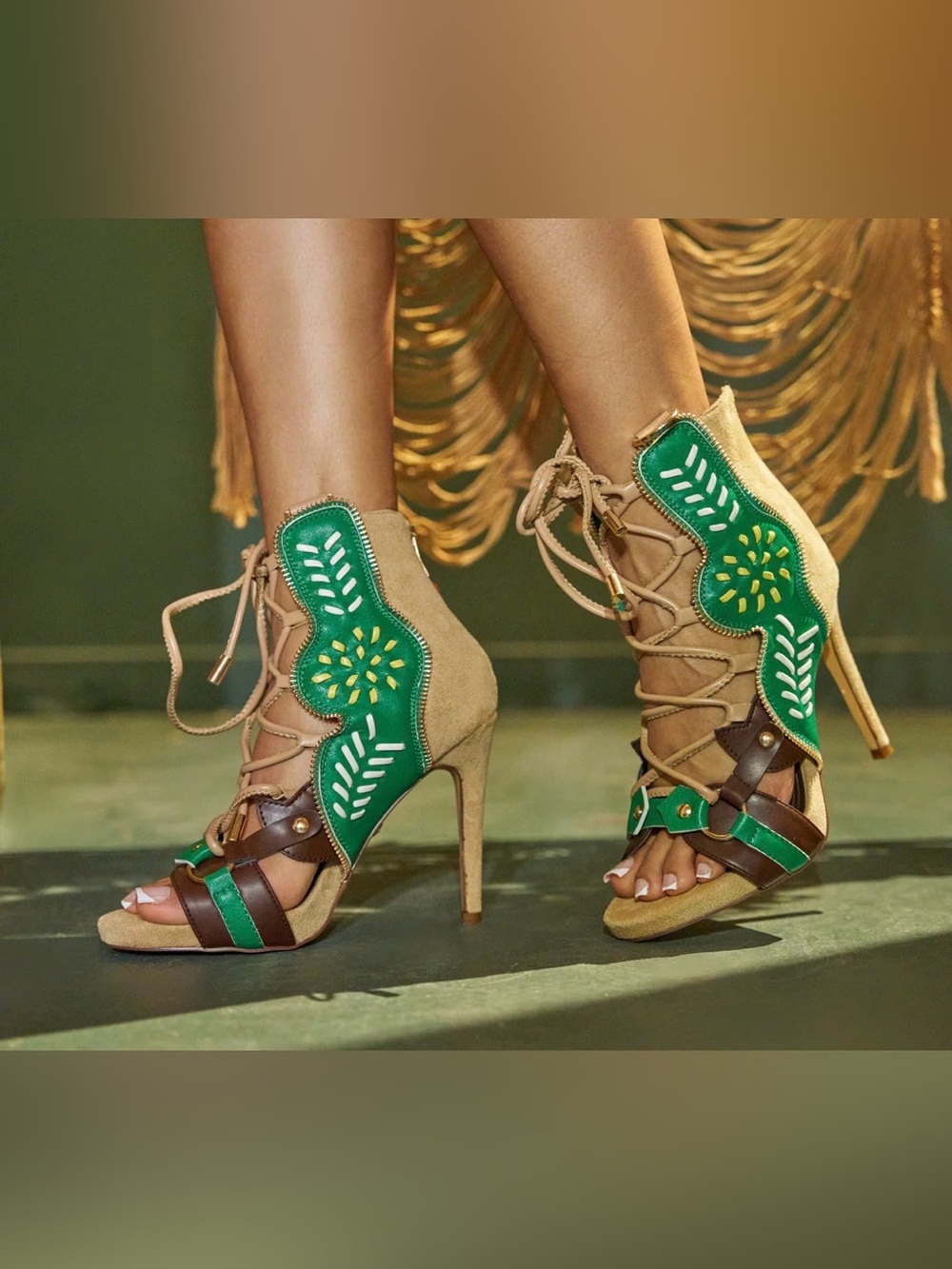 NWT Green & Tan Lace-Up High Heel Sandals size 10